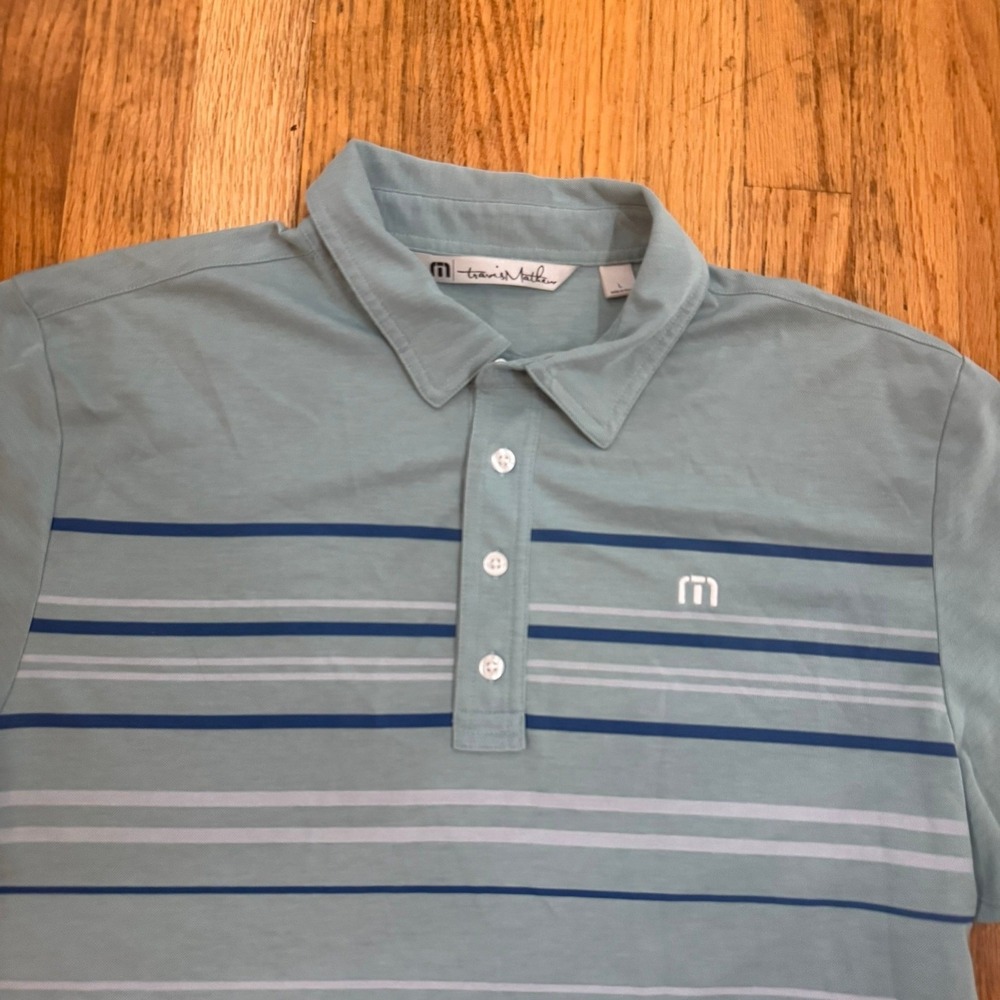 TravisMathew Mens Large Blue Green Striped Golf Polo Shirt Tennis Office